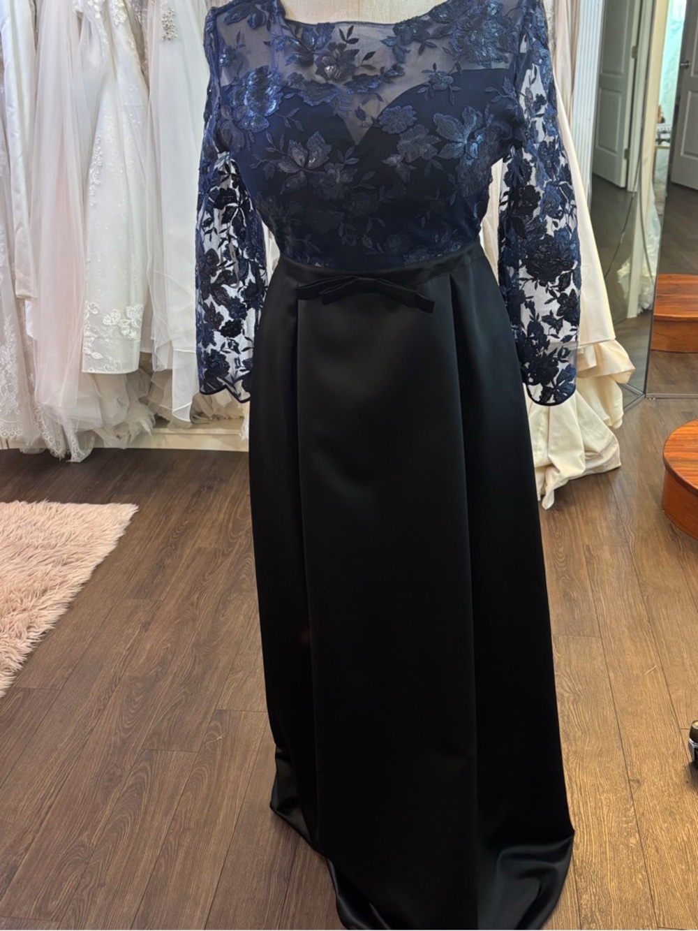Navy and Black Lace-Top Evening Dress